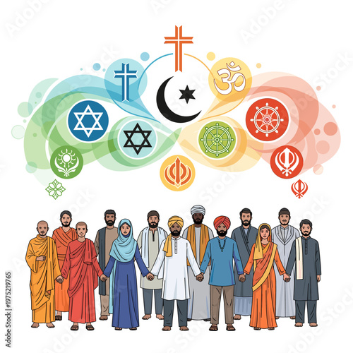 Diverse group of people from various religions holding hands under a canopy of religious symbols, representing interfaith unity and harmony.