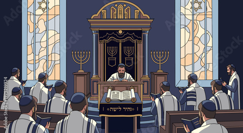 A rabbi leads a congregation in prayer within a beautifully adorned synagogue, with stained glass windows and a Torah scroll on display.