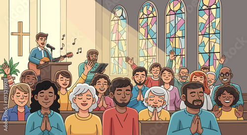 Diverse congregation singing hymns and praying during a church service with stained glass windows and a guitarist leading worship.