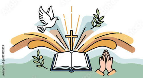 An open Bible with a cross, dove, praying hands, and olive branches, symbolizing faith, hope, and divine guidance.