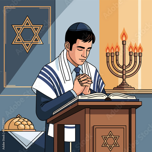 A Jewish man wearing a kippah and tallit prays at a wooden podium in front of an open book, with a menorah and Star of David visible.