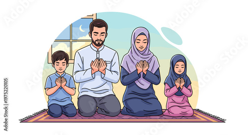 A Muslim family of four, including parents and two children, praying together on a rug indoors.