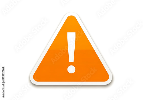 Orange triangular warning sign with exclamation mark icon. Glossy safety alert symbol for web and interface design.