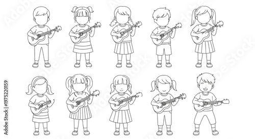 Children playing ukuleles in a cheerful simple black and white illustration