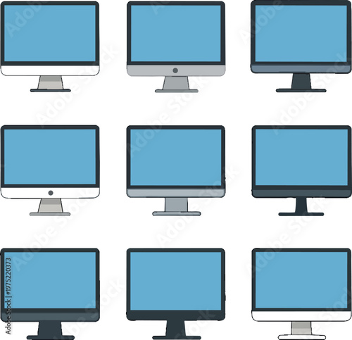 computer monitors icons set with blue screens