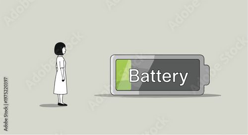 Woman standing near low battery power symbol