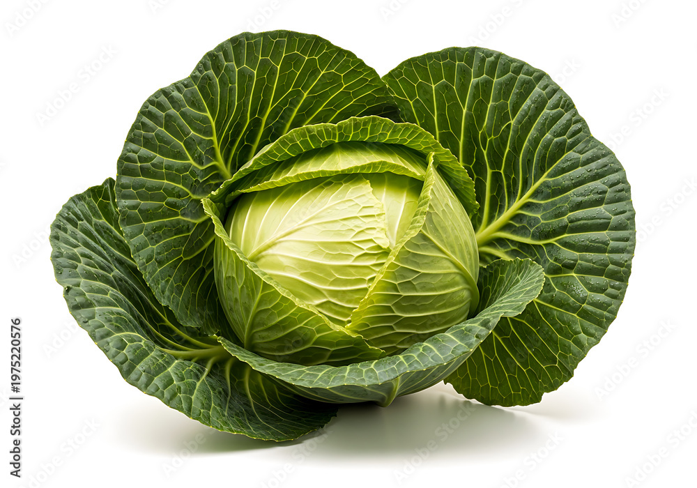 Fototapeta premium Fresh green cabbage head with tightly packed leaves showcasing its vibrant color isolated on white background