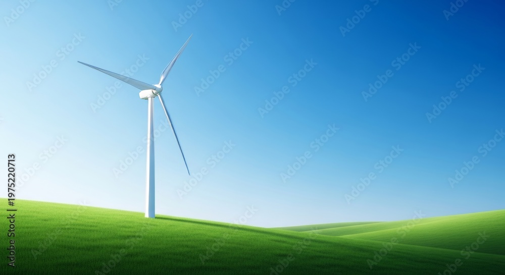 Fototapeta premium Large white wind turbines stand tall over rolling green hills and meadows during a clear sunny day, generating clean renewable power, meadow, alternative energy, sky