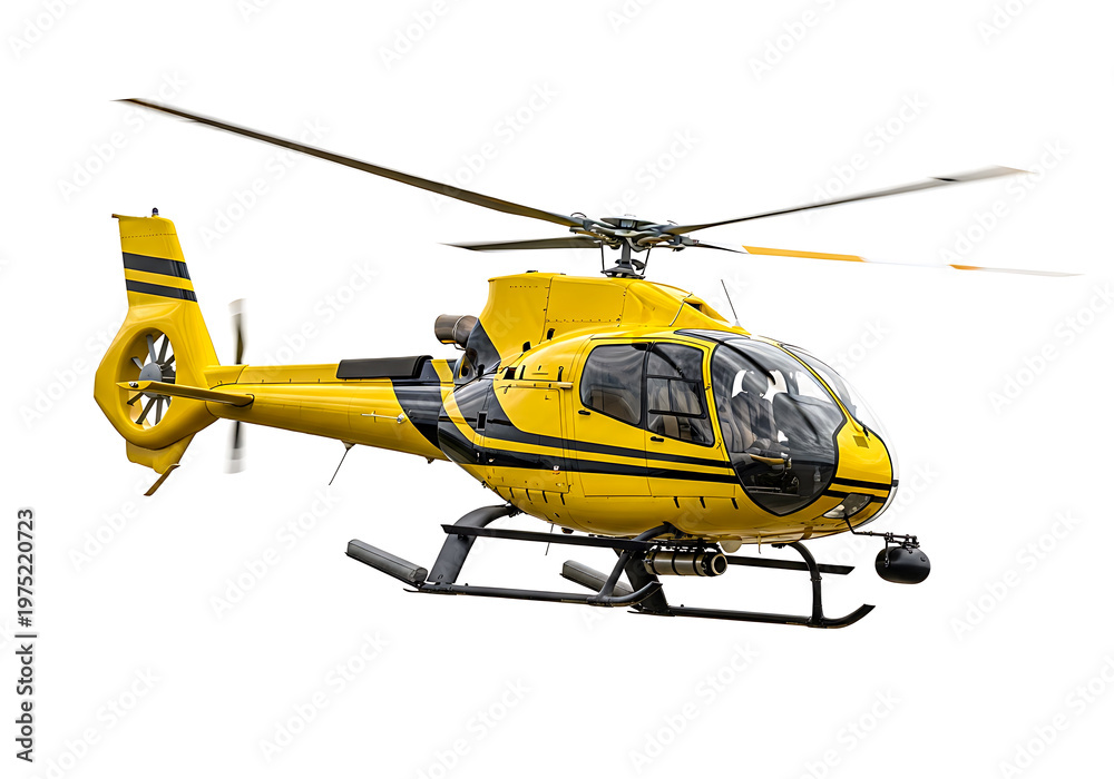 Fototapeta premium Bright yellow rescue helicopter in mid-flight with landing skids visible isolated on white background