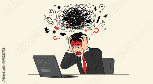 Businessman stressed with messy scribbles over head