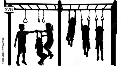 Fotografie Children silhouette playing on monkey bars and rings, outdoor playground fun