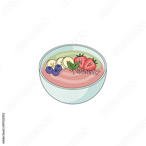 Colorful Healthy Fruit Smoothie Bowl Icon with Strawberries, Blueberries, and Banana Slices – A Refreshing Breakfast or Snack Graphic Element