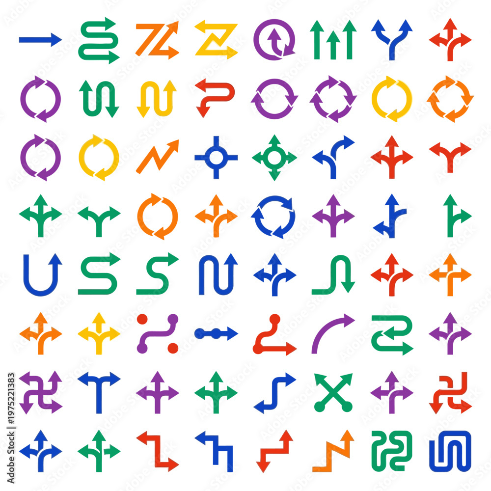 Fototapeta premium Vibrant flat vector set of various colorful directional arrows and navigation symbols for illustrating movement, choices, and system flow.