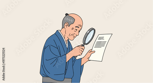 Elderly man looking at paper with magnifying glass
