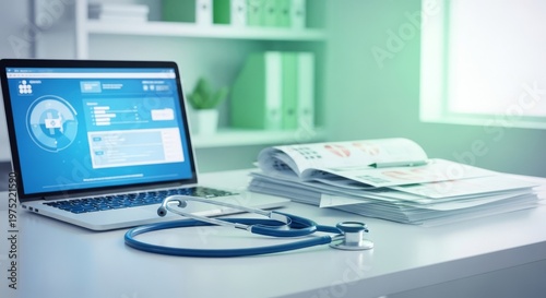 A stethoscope sits on a modern desk next to an open laptop and medical charts inside a bright professional healthcare office environment, clean, workspace, workplace