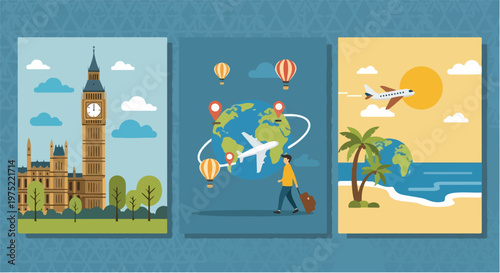 World Heritage Day travel concept with iconic landmarks and transportation modes