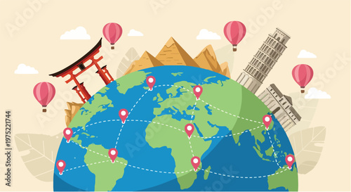 World Heritage Day globe with landmarks and hot air balloons for travel and tourism