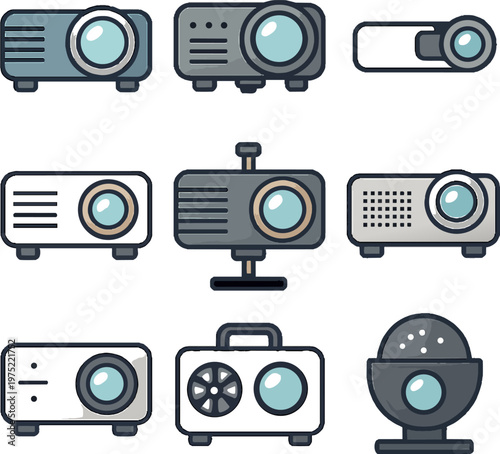 Flat vector illustration of various projector icons