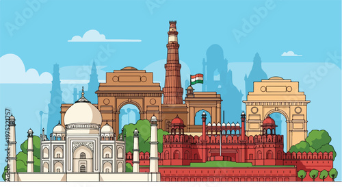Illustration of famous Indian monuments on World Heritage Day, celebrating cultural landmarks