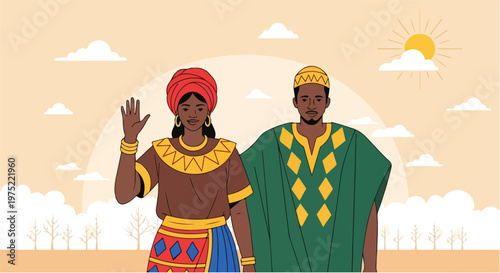 People celebrating World Heritage Day in traditional African attire with cultural patterns and vibrant colors