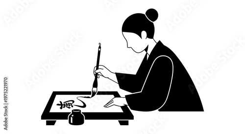 Woman doing Japanese calligraphy art.