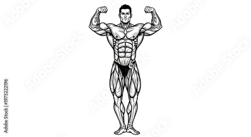Muscular Man Bodybuilder Posing Front Double Biceps Black and White Illustration