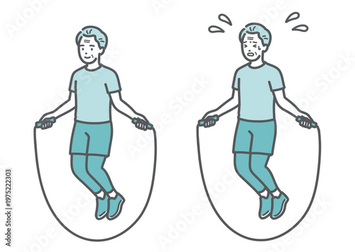 縄跳びをするシニア男性の比較セットイラスト