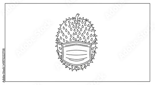Durian Fruit Wearing Medical Face Mask, Covid-19 Protection Concept, Line Art Illustration