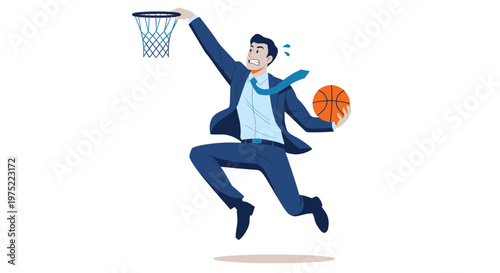 Businessman Dunking Basketball, Business Success, Competition, Action