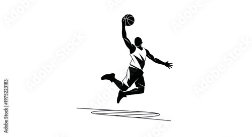 Silhouette of a basketball player dunking on a white background