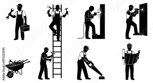 Construction Worker Icons: Welding, Ladder, Tools, Blueprint, Saw, Wheelbarrow