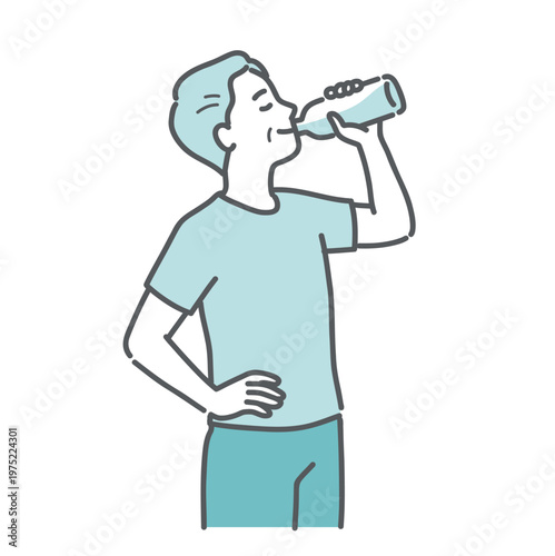 笑顔で水分補給をするシニア男性のイラスト