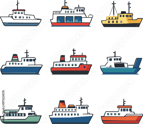 Colorful ferry boat vector illustration set