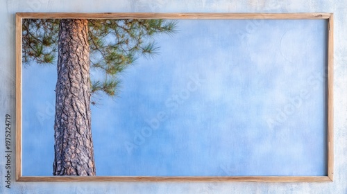 A framed shot of a pine tree against a bright sky, mounted on a textured wall