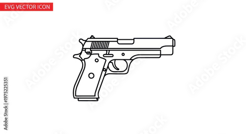 Line Art Illustration of a Handgun Pistol, Isolated on White Background