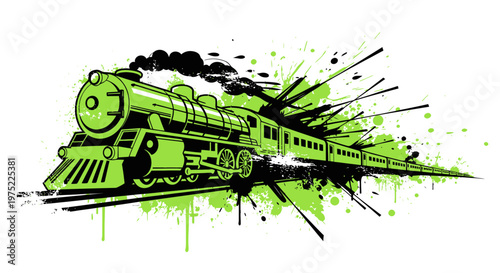 Retro steam locomotive with abstract paint splatters and smoke