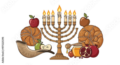 Rosh Hashanah Symbols: Menorah, Shofar, Apples, Honey, Pomegranates, and Challah Bread