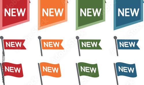 カラフルな旗デザインのNEWラベルアイコンセット　Colorful New Flag Label Icon Set
