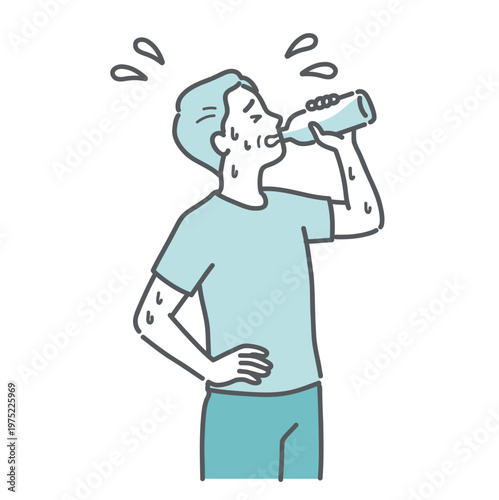 汗だくで水分補給をするシニア男性のイラスト