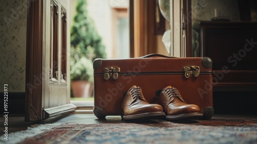 Brown leather suitcase and shoes sit by an open door with a glimpse of greenery outside
