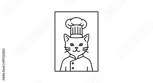 Chef Cat Icon: Whimsical Line Art of a Cat Wearing a Chef Hat and Uniform