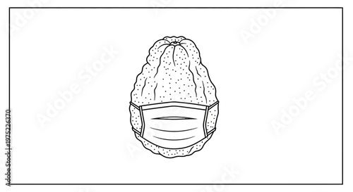Buddha's Hand Citron Fruit Wearing a Face Mask - Black and White Line Art