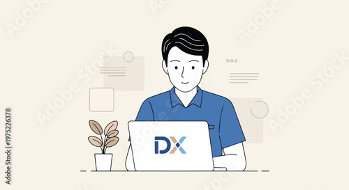 Man working on laptop with DX digital icons