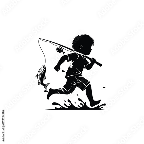 A young boy excitedly runs through water with a fishing rod and caught fish.