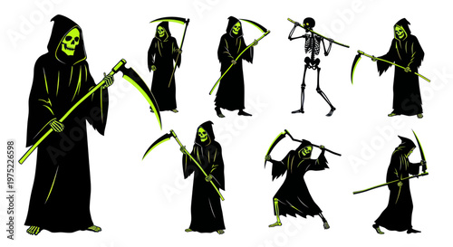 Grim Reaper Collection: Skeleton Figures with Scythes in Various Poses on White Background