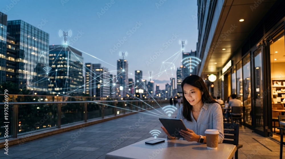 Fototapeta premium Woman using a digital tablet in a city with digital network connection overlays