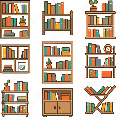Colorful book shelves and books illustrations