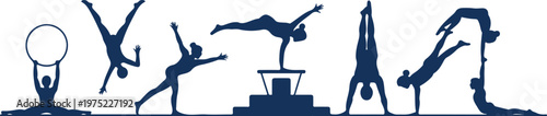 Set of Female Gymnasts Silhouettes Performing Artistic Gymnastics Poses Including Handstands and Pommel Horse Exercises Flat Vector Illustration