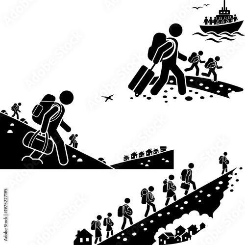 Migration Journey Silhouette – Refugees Walking with Luggage and Ship Evacuation Concept