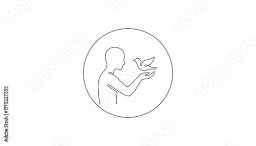 Person releasing a bird, symbol of freedom, hope, and peace, minimalist line art
